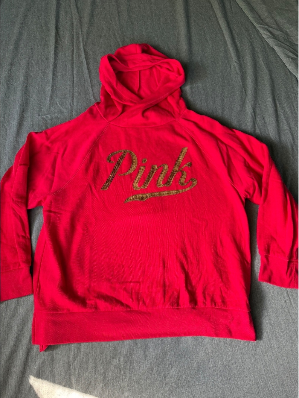 Victoria's Secret PINK Size Large Red Pullover Hoodie Gold Lettering